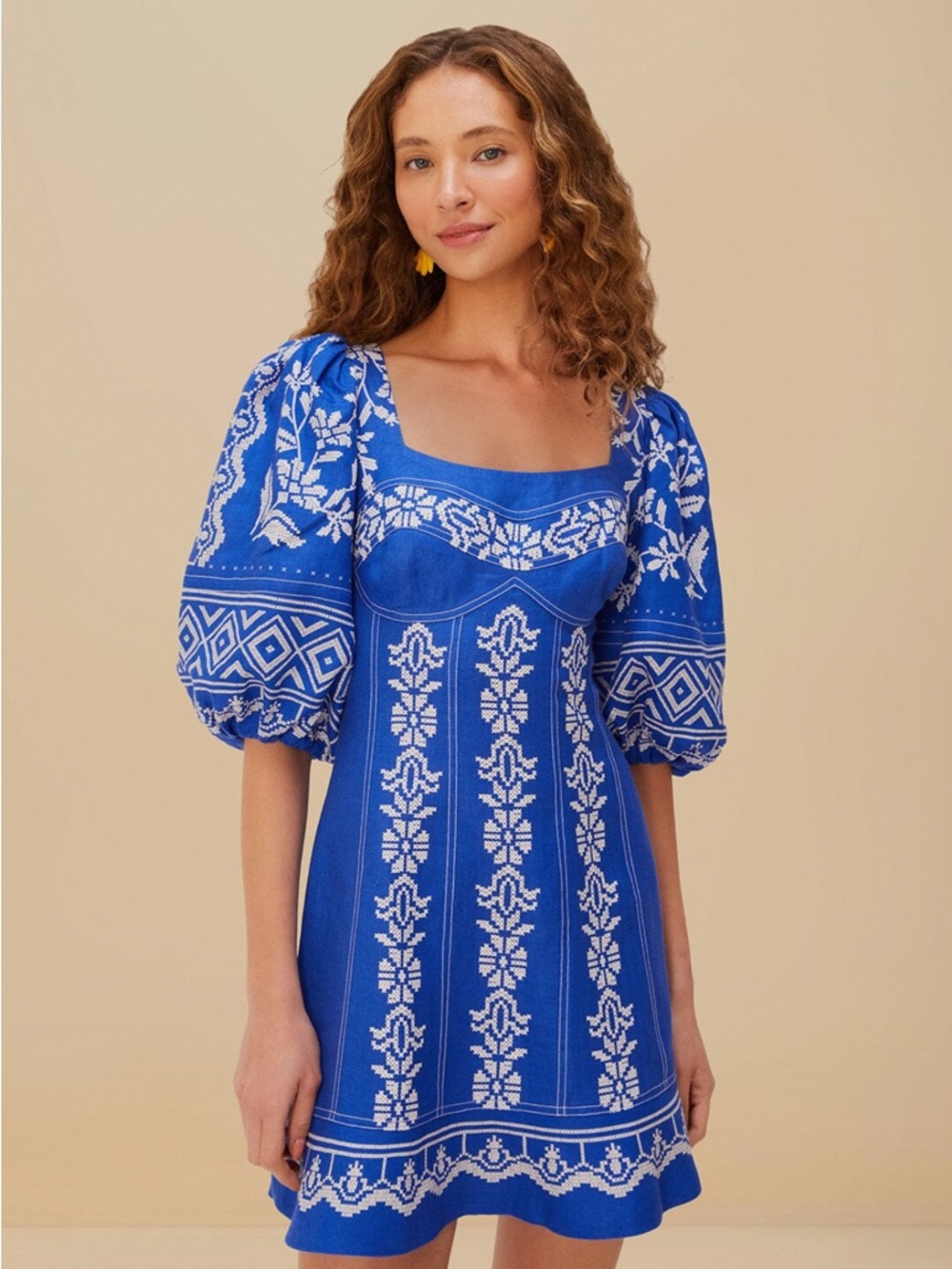 Farm Rio Blue Tropical Cross Stitch Euroflax Linen Embroidered Dress - size M